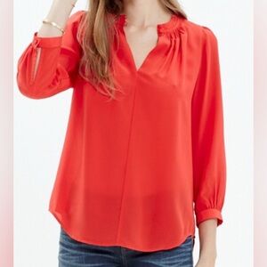 Madewell Red Pleated Silk Blouse with 3/4 Sleeves